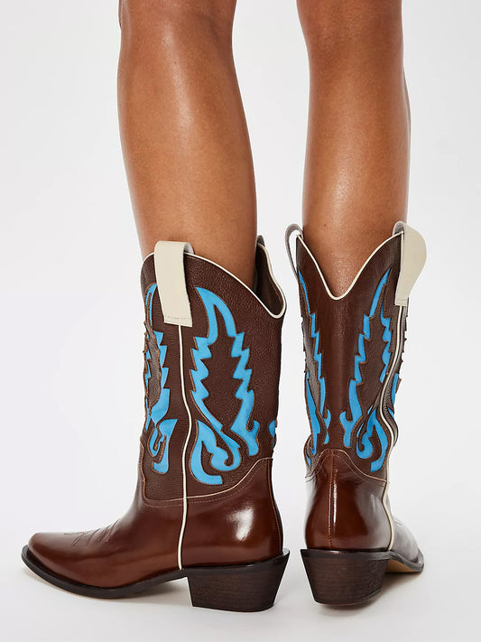 Burgundy Almond-Toe Blue Inlay Mid Calf Cowgirl Boots