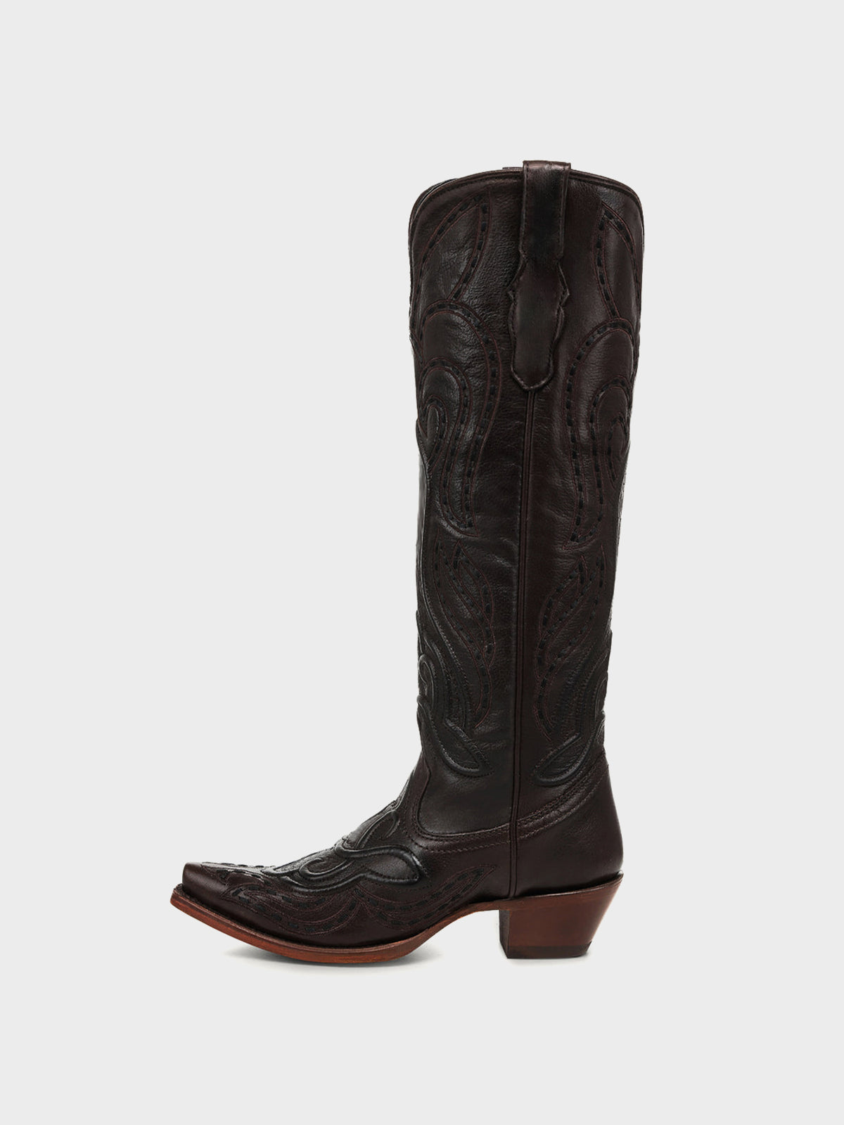 Chocolate Snip-Toe Embroidery And Running Stitch Half-Zip Chic Knee High Cowgirl Boots