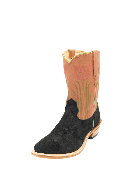Contrast Black And Orange Snip-Toe Tulip Embroidery Ankle Cowgirl Boots