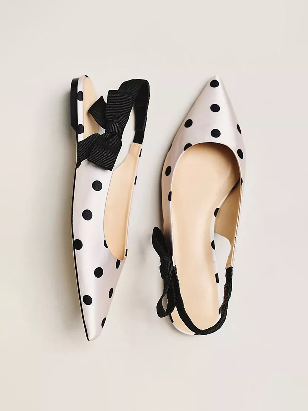 Ivory Polka Dot Satin Pointed-Toe Side-Bow Slingback Flats
