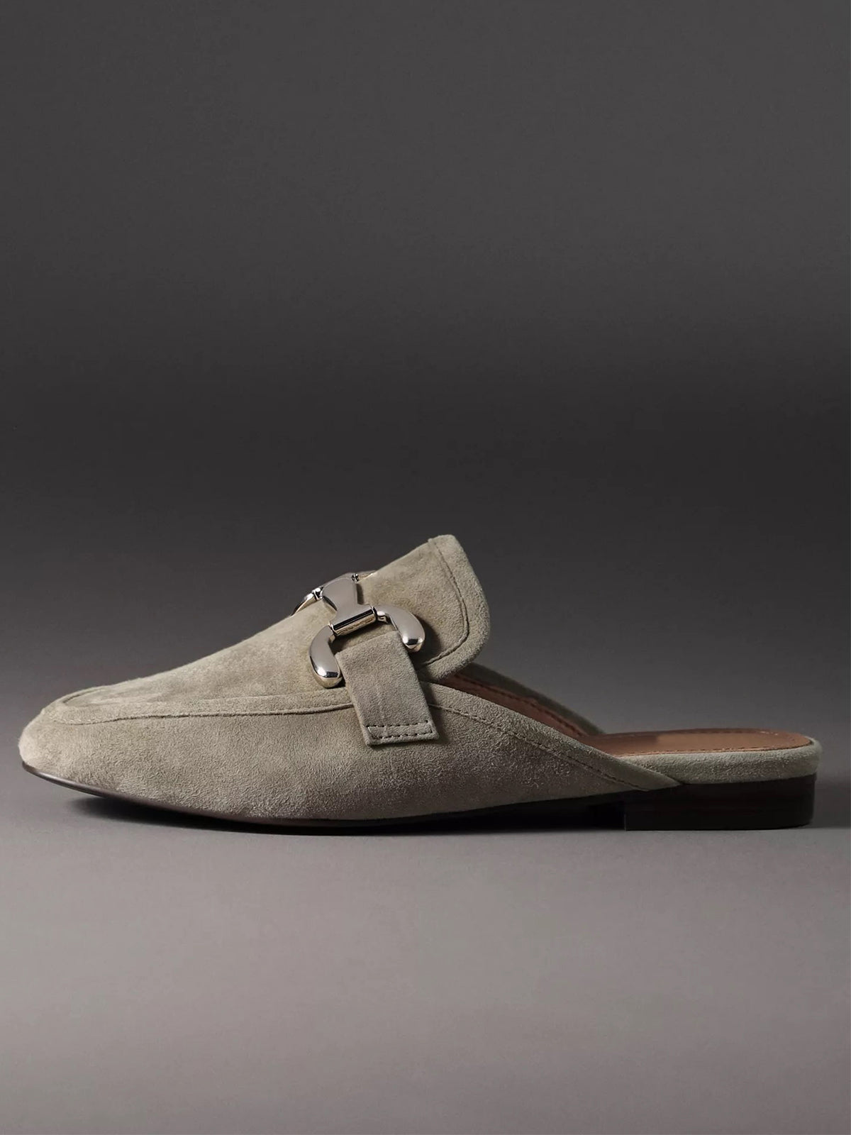 Olive Green Faux Suede Square-Toe Slip-On Front Metal Detail Flats Loafers