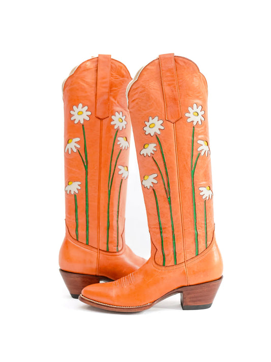 Honey Almond-Toe Wide Calf Western Boots Knee High Tall Boots With Floral Inlay