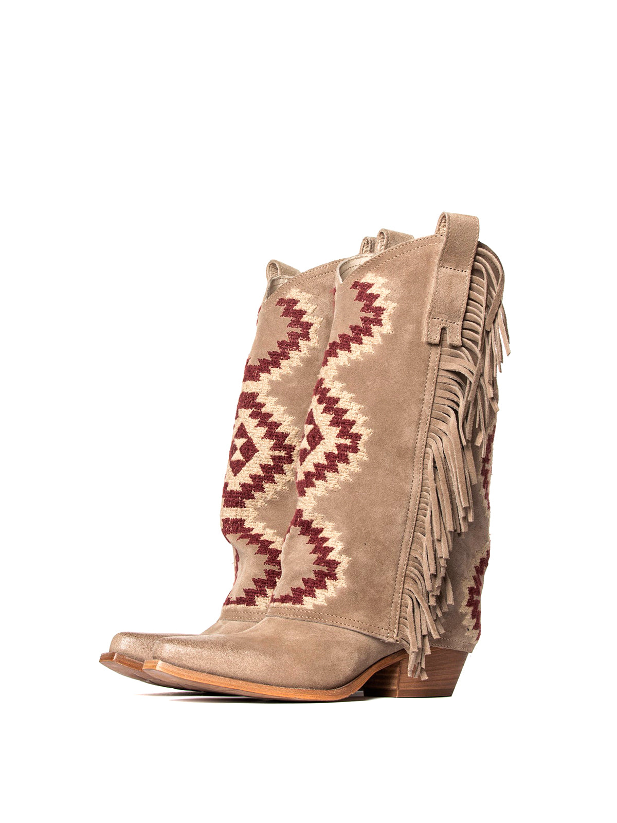 Side Fringe Snip-Toe Embroidery Fold-Over Mid Calf Cowgirl Boots - Sand Faux Suede
