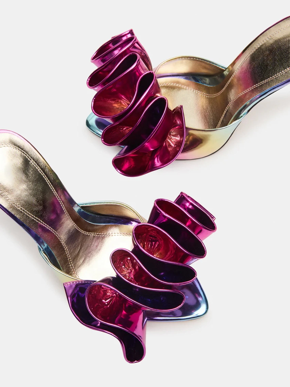 Pointed-Toe Slip-On Ruffle High Heels - Metallic Iridescent