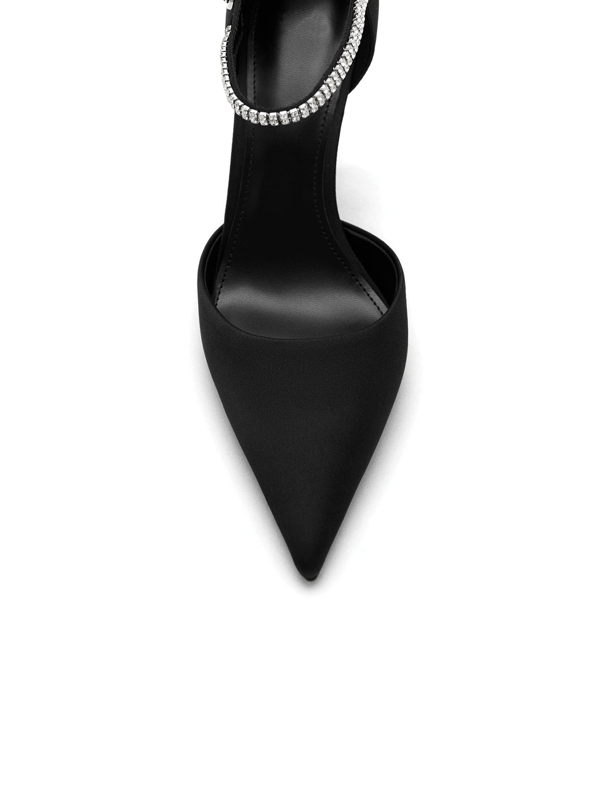 Black Satin Pointed-Toe Rhinestones Strappy Ankle Strap High Heels