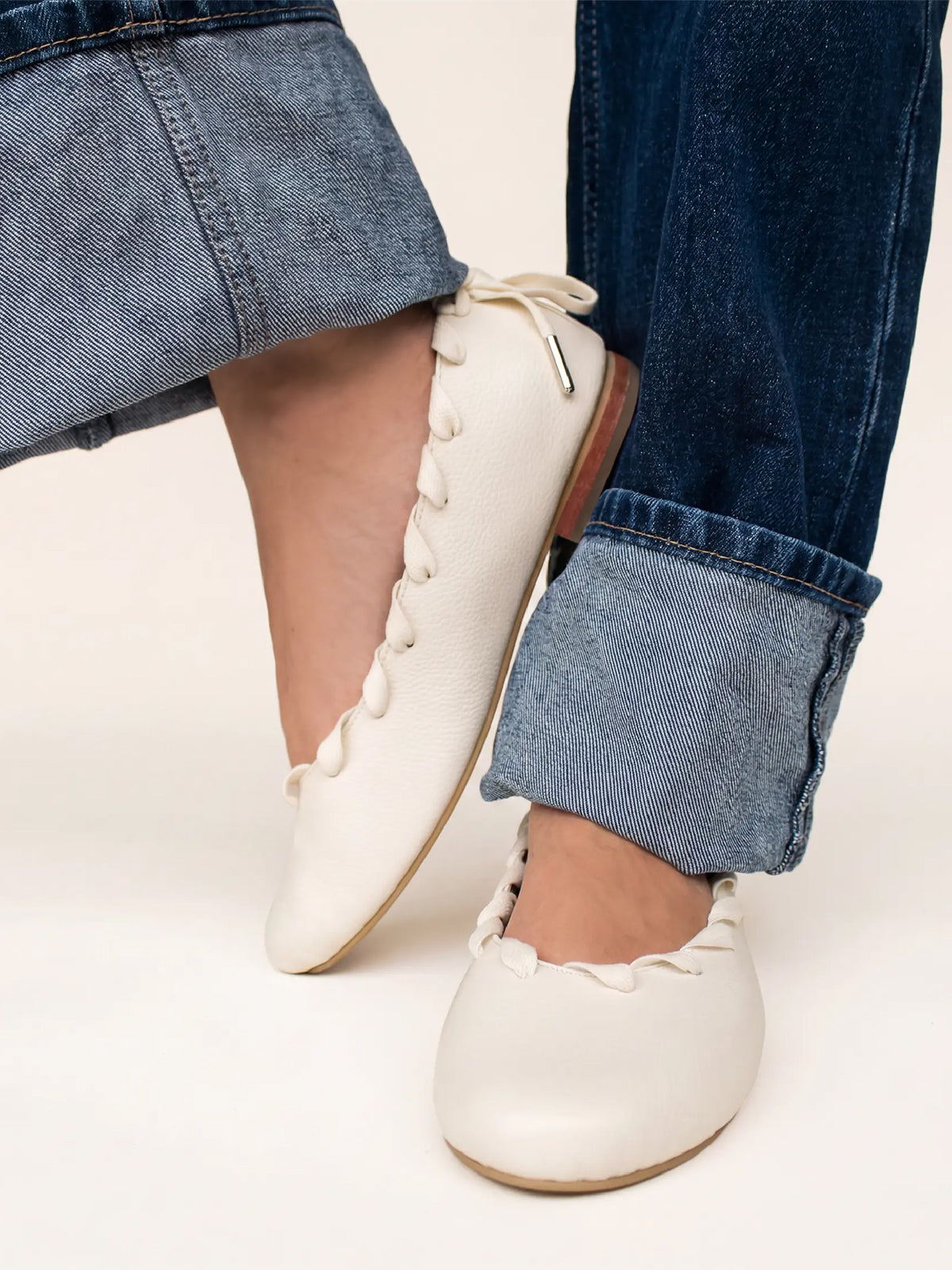 Ivory Round-Toe Lace-Up Stylish Ballet Flats