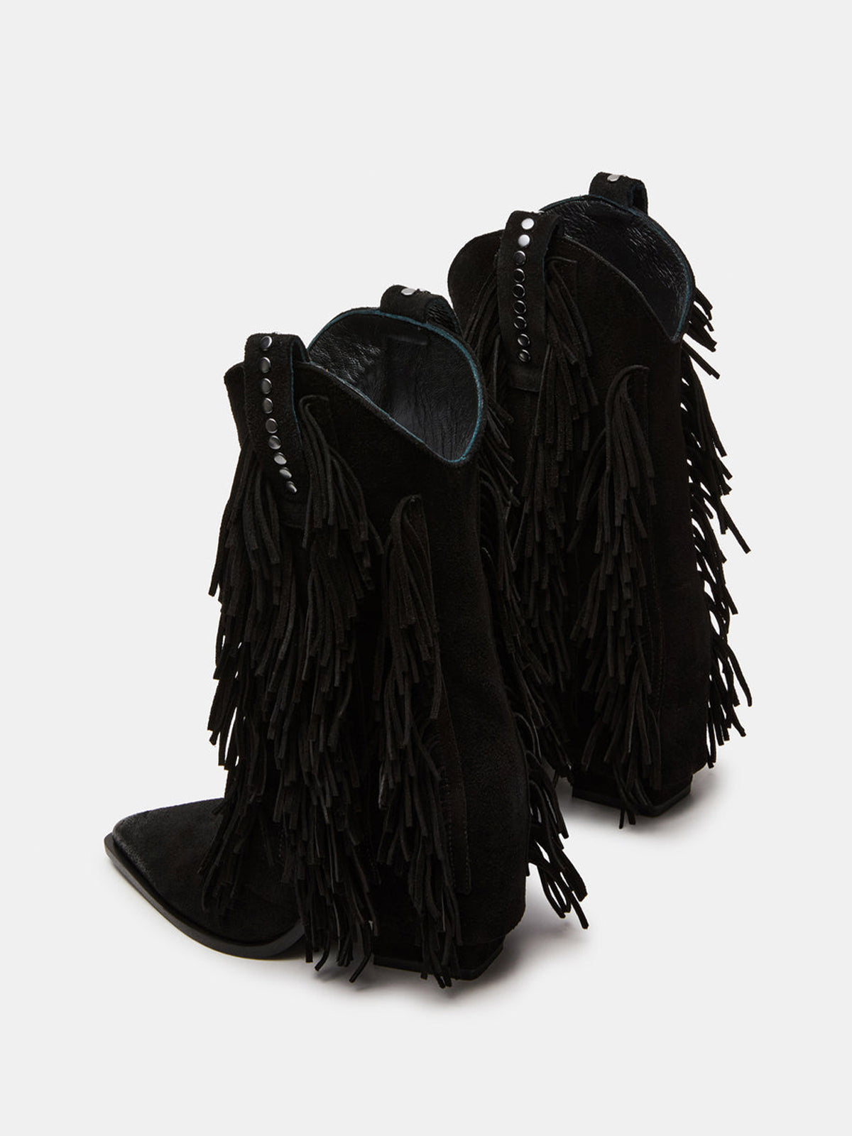 Black Faux Suede Pointed-Toe Full Fringe Fold-Over Mid Calf Cowgirl Boots
