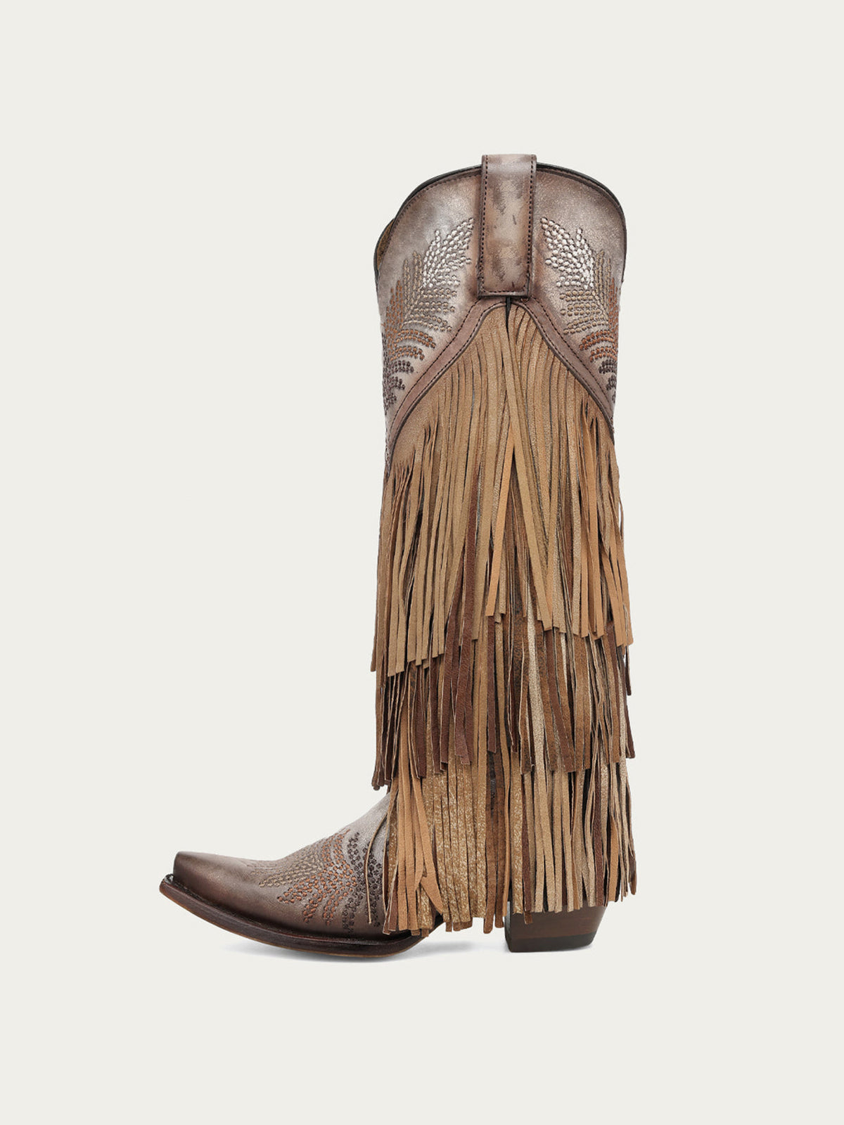 Brown Faux Suede Snip-Toe Chic Fringe And Embroidery Full-Zip Knee High Cowgirl Boots