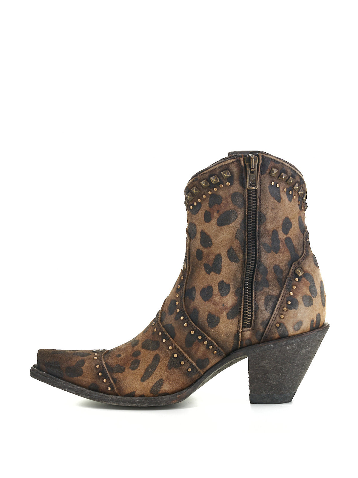 Leopard Print Snip-Toe Studs Full-Zip Ankle Cowgirl Boots