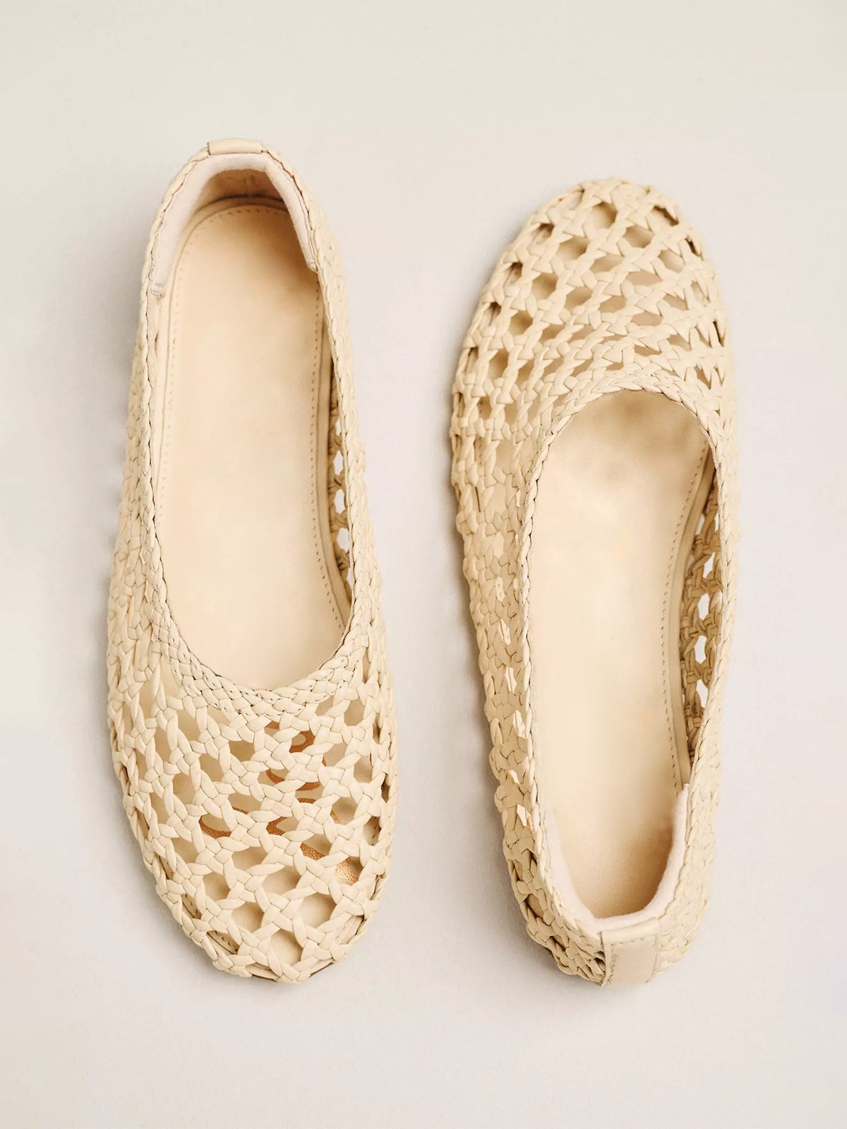 Beige Woven Vegan Leather Round-Toe Slip-On Classic Ballet Flats