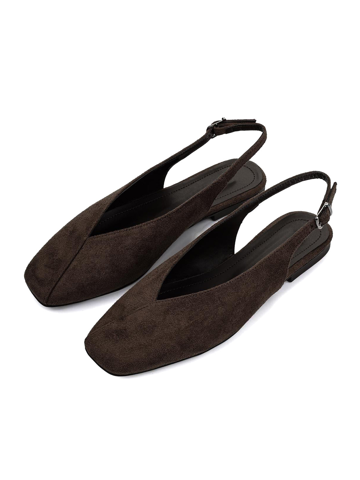 Coffee Faux Suede Square-Toe Classic Buckle Back Strap Slip-On Flats