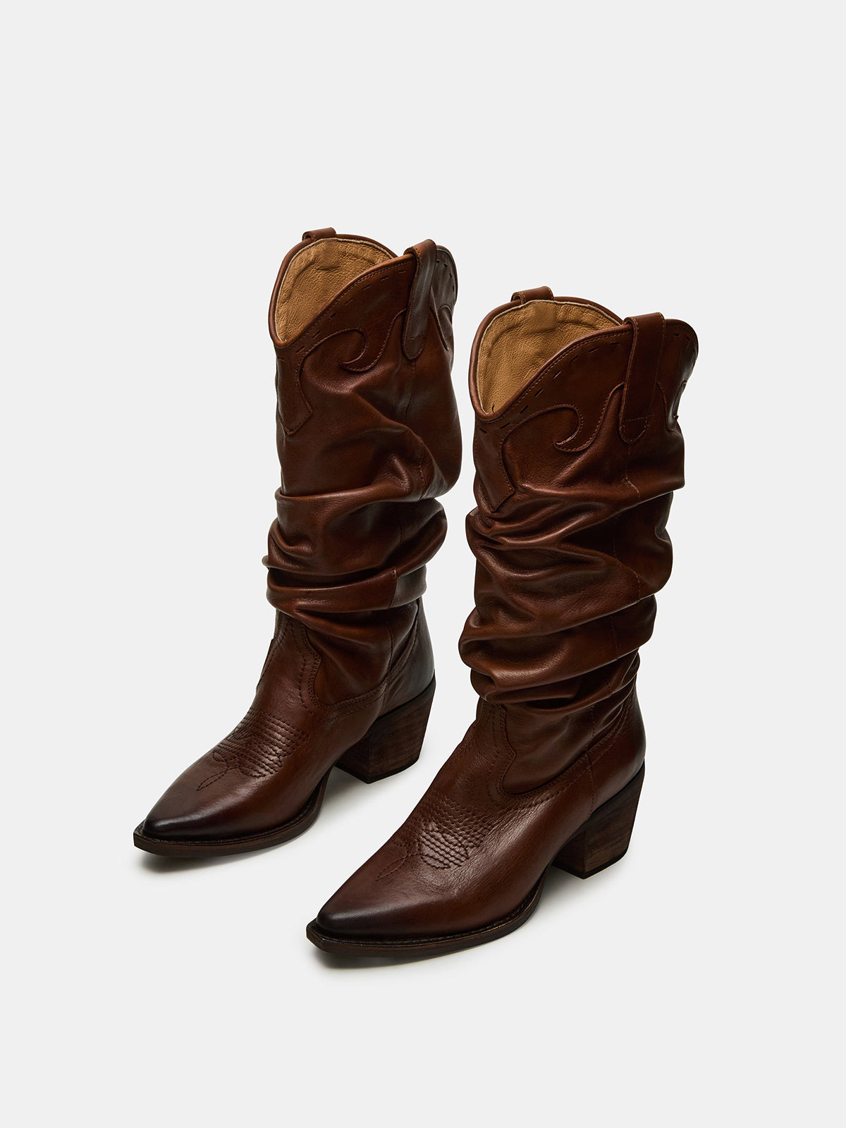 Cognac Pointed-Toe Scrunched Tall Knee High Wide Calf Cowgirl Boots