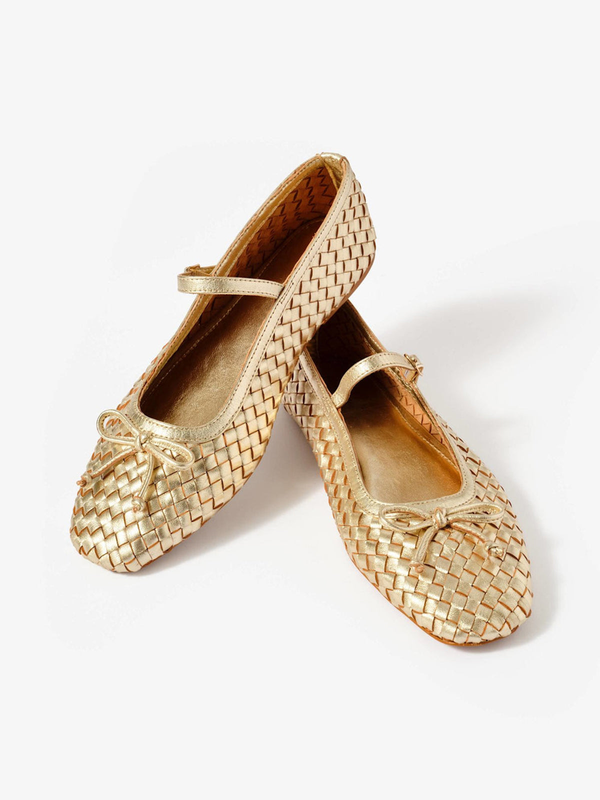 Metallic Gold Woven Vegan Leather Square-Toe Front Bow And Mary Jane Flats