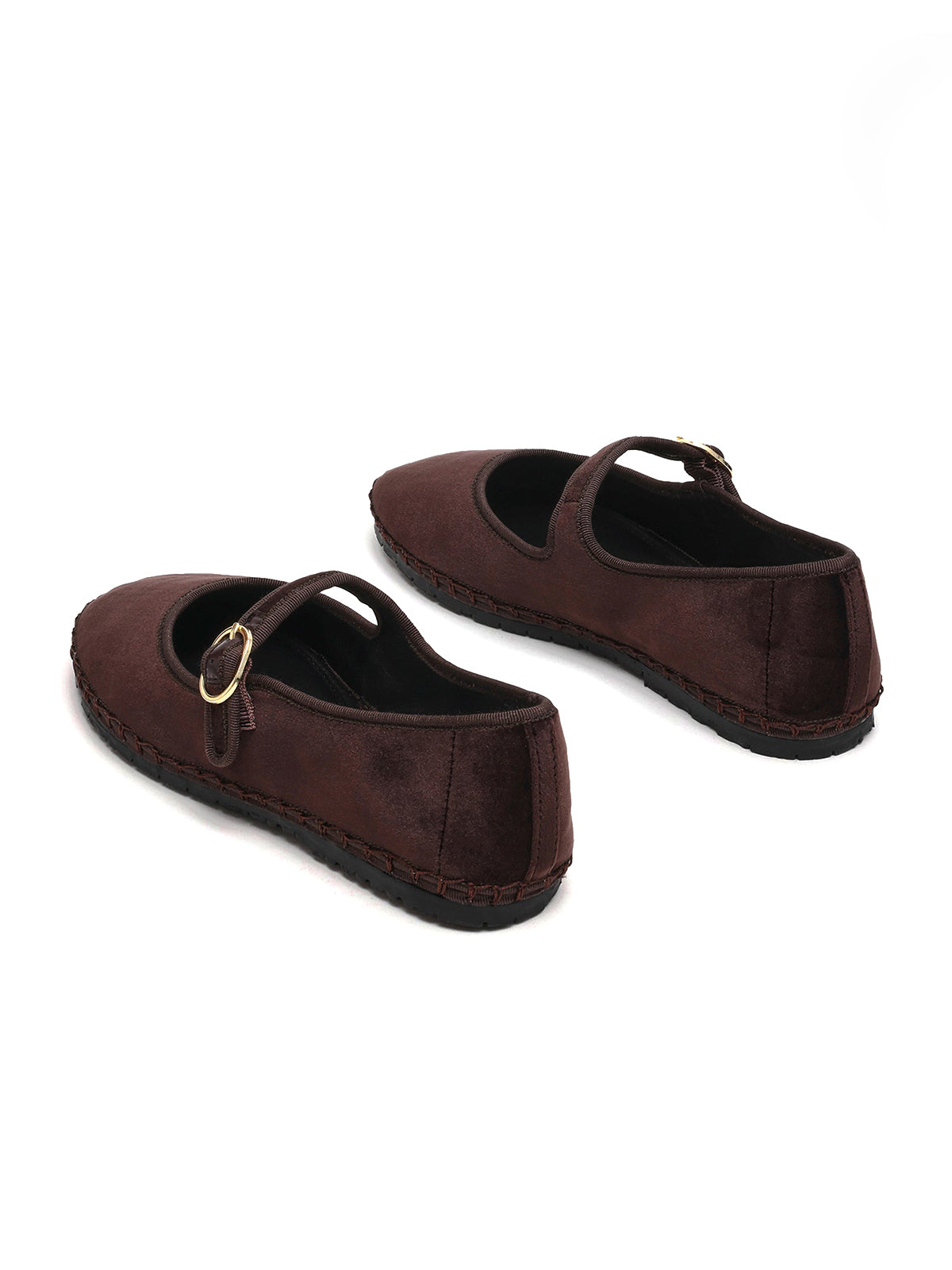 Brown Velvet Round-Toe Buckle Mary Jane Chic Flats