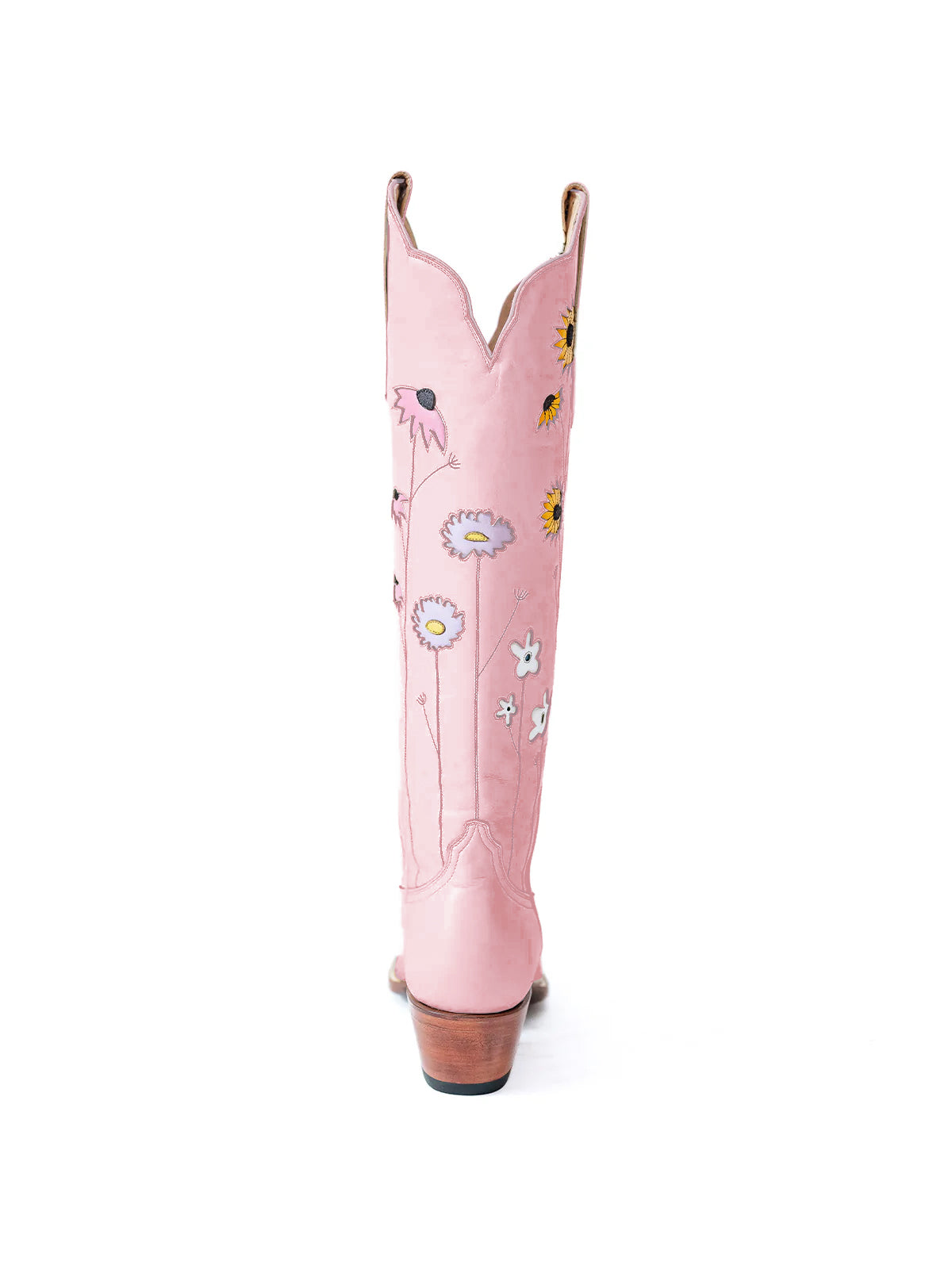 Blush Pink Almond-Toe Colorful Flowers Inlay Wide Calf Knee High Cowgirl Boots