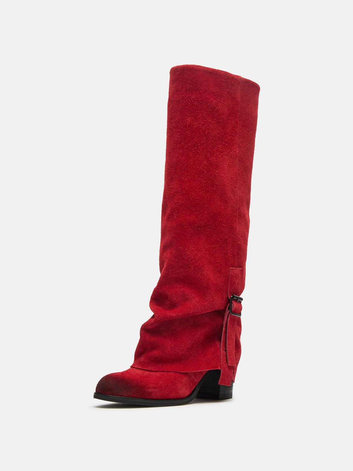 Red Faux Suede Round-Toe Fold-Over Adjustable Buckle Knee High Cowgirl Boots