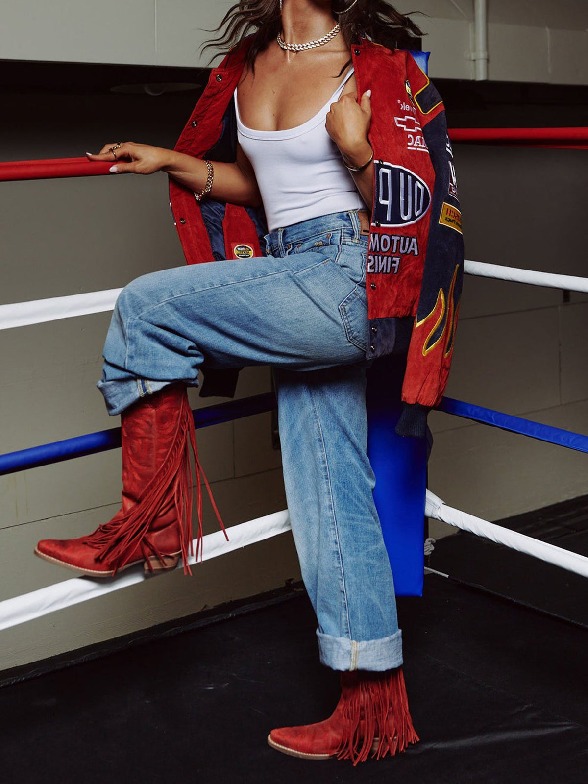 Red Snip-Toe Faux Suede Side Fringe Embroidery Wide Calf Knee High Cowgirl Boots