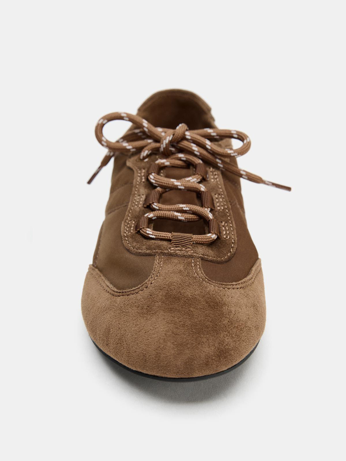 Brown Faux Suede And Satin Round-Toe Lace-Up Flats Sneakers