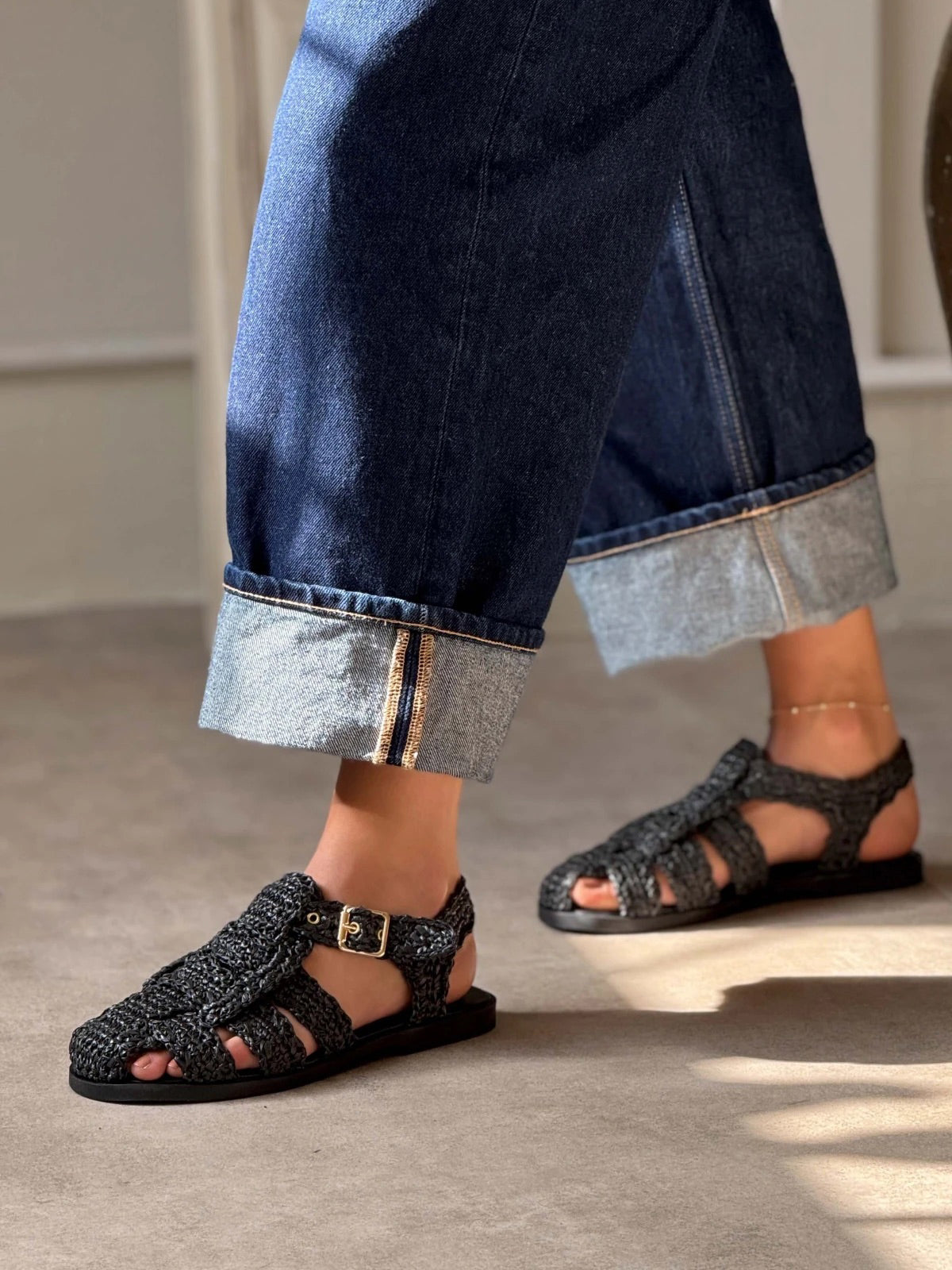 Black Grass Woven Round-Toe Caged Detail Buckle Strap Flats