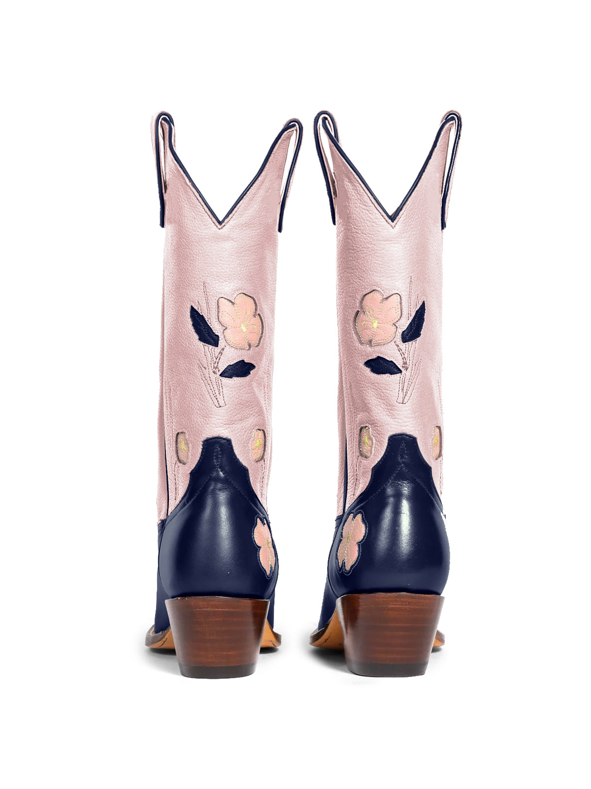 Contrast Pink And Dark Blue Almond-Toe Fresh Flower Inlay Mid Calf Cowgirl Boots