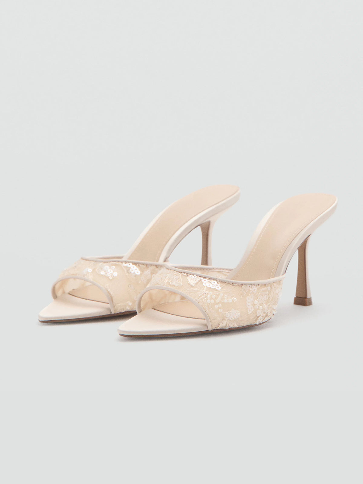 Nude Sequins Lace Mesh And Vegan Leather Pointed-Toe Backless Slip-On High Heels