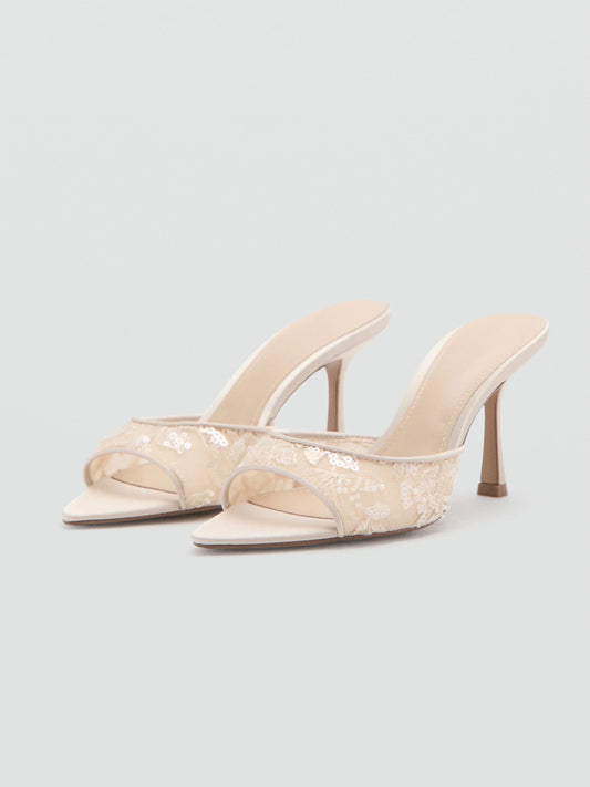 Nude Sequins Lace Mesh And Vegan Leather Pointed-Toe Backless Slip-On High Heels
