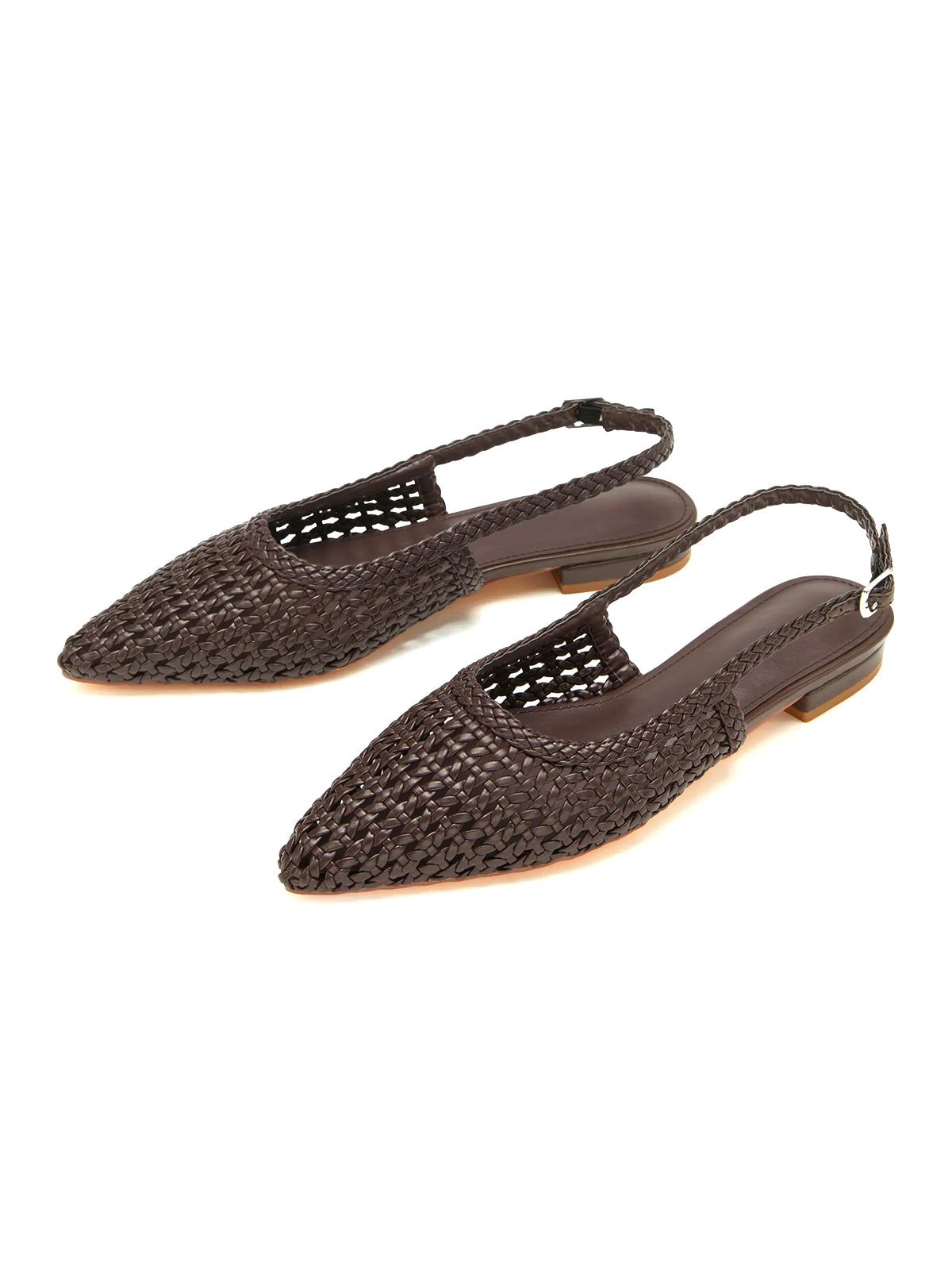 Coffee Woven Vegan Leather Pointed-Toe Classic Back Strap Flats