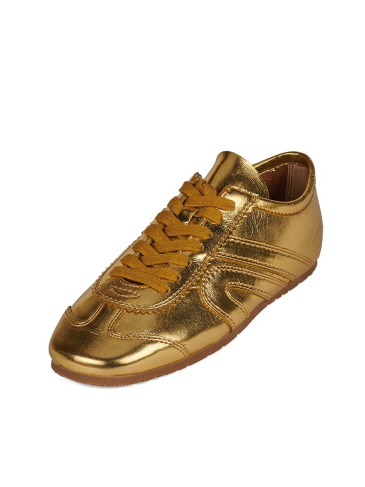 Metallic Gold Round-Toe Lace-Up Classic Sneakers Flats