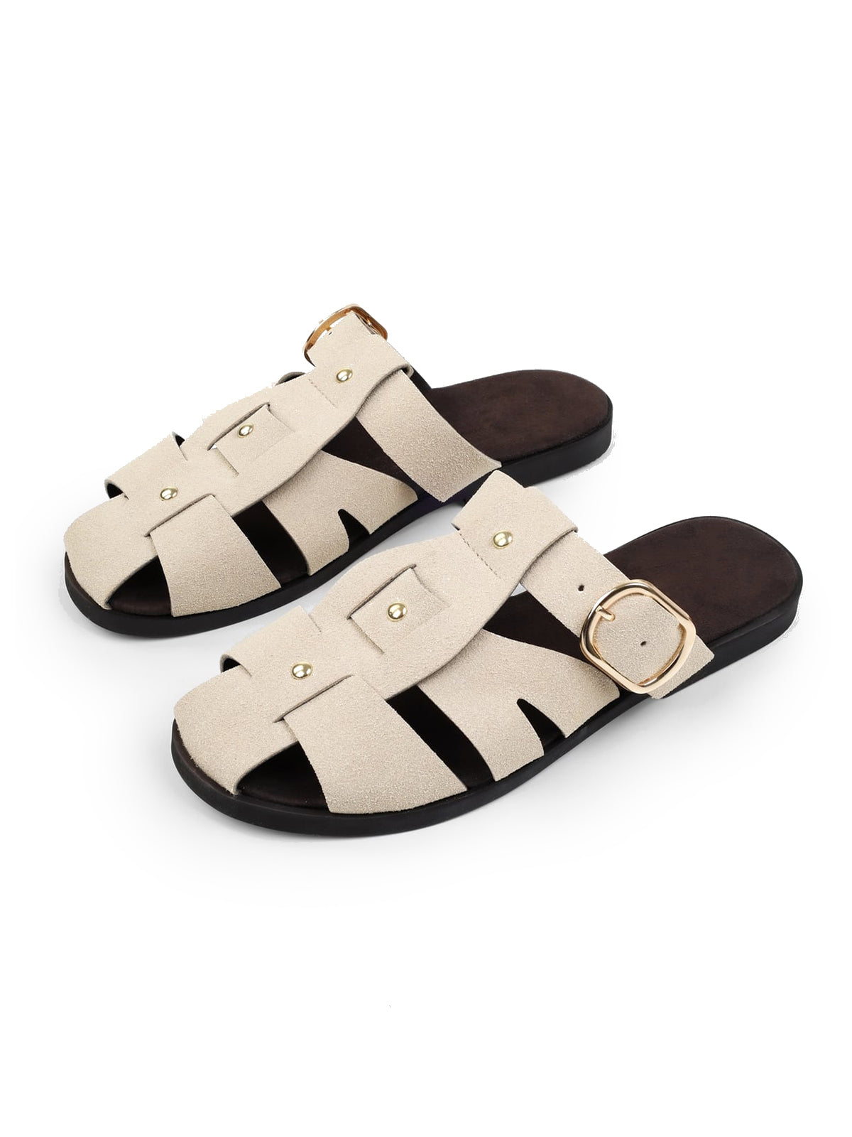 Bone Cow Suede Round-Toe Caged Detail And Studs Backless Flats