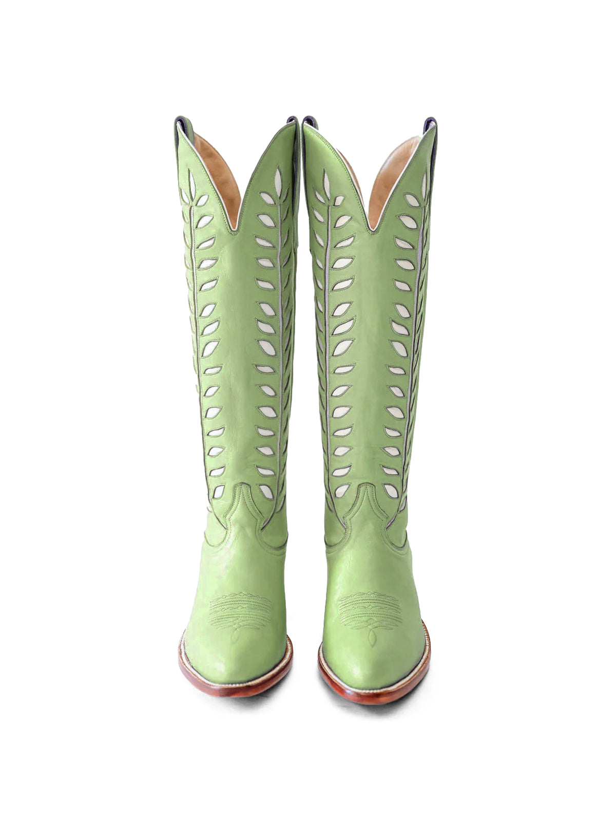 Almond-Toe White Leaves Inlay Wide Calf Tall Knee High Cowgirl Boots - Green