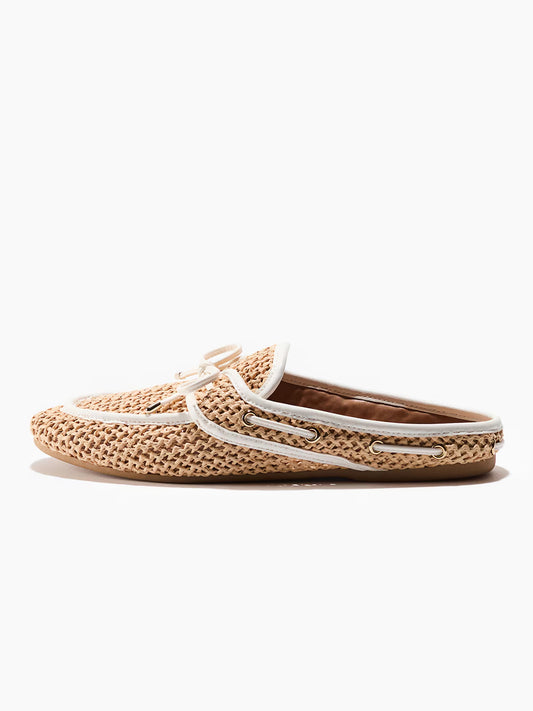 Beige Grass Woven Round-Toe Front Bow Chic Mules Flats