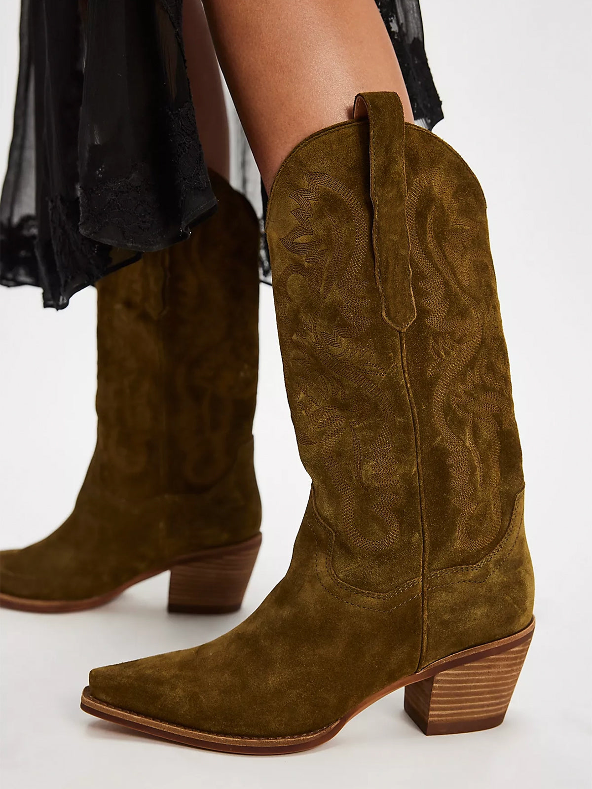 Faux Suede Snip-Toe Classic Embroidery Wide Calf Knee High Cowgirl Boots - Khaki