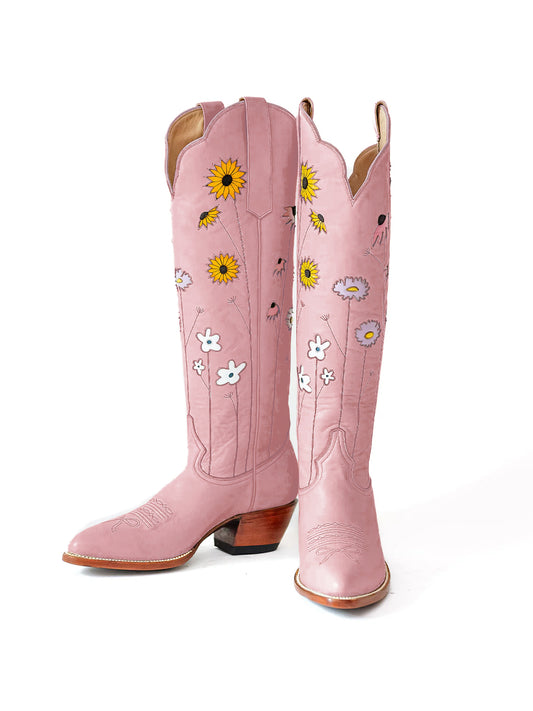 Pink Almond-Toe Colorful Flowers Inlay Wide Calf Knee High Cowgirl Boots
