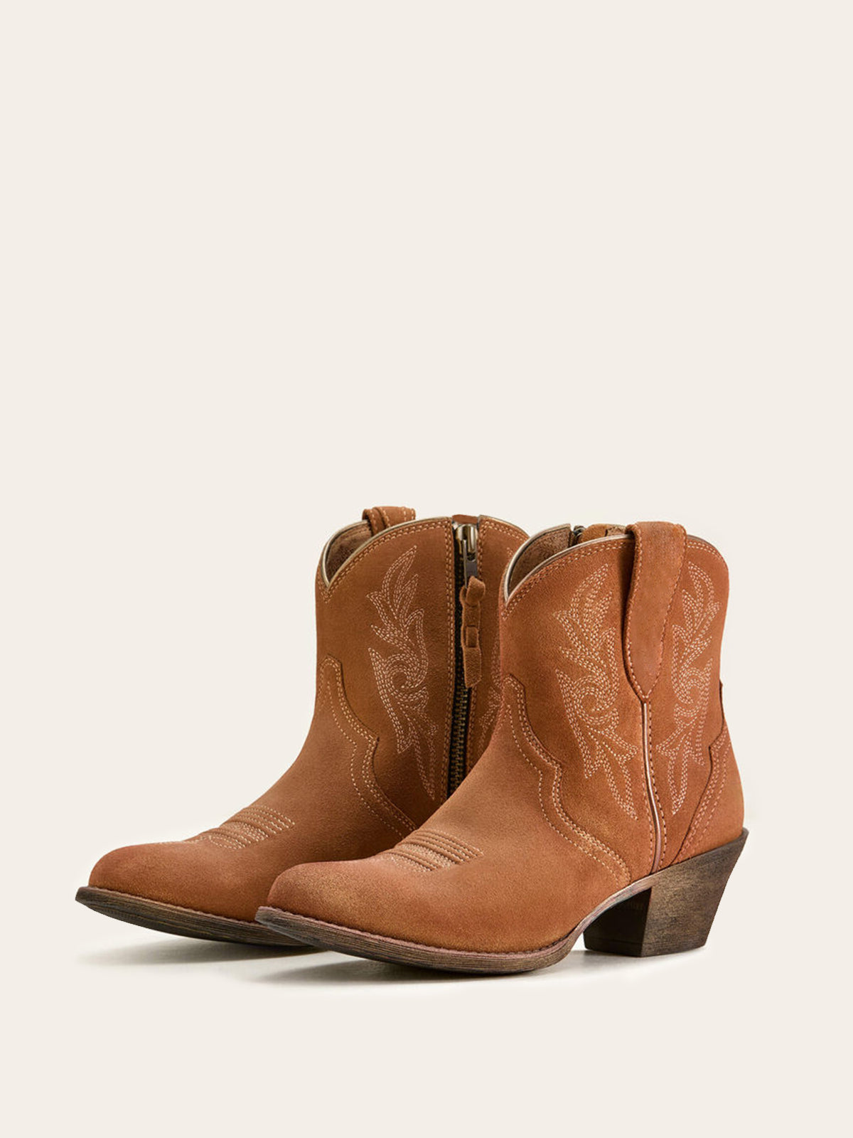 Walnut Brown Faux Suede Almond-Toe Embroidery Full-Zip Short Mid Calf Cowgirl Boots