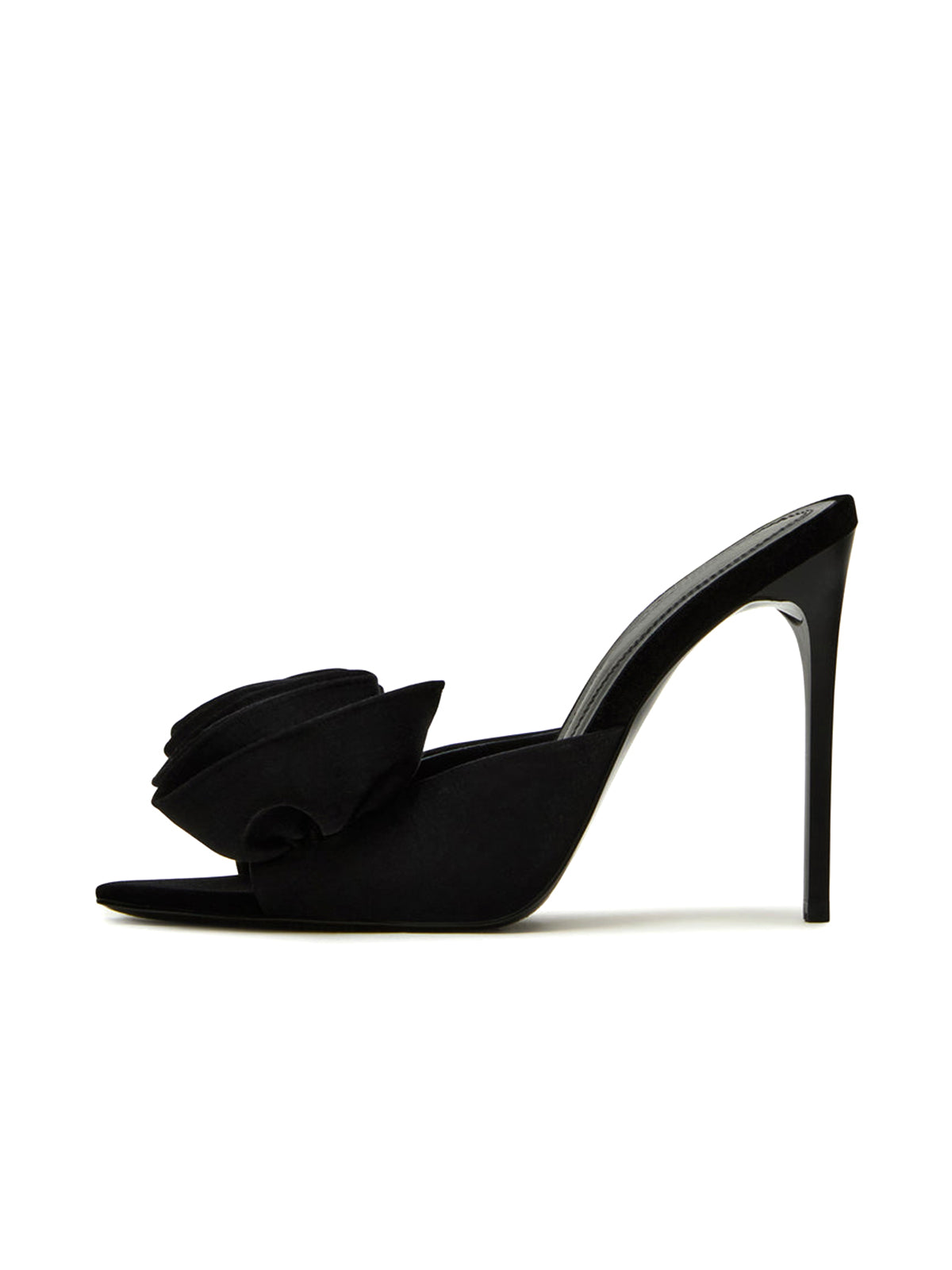 Pointed-Toe Slip-On Pearl Ruffle High Heels - Black Satin