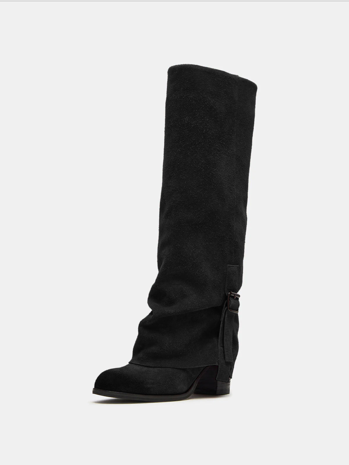 Black Faux Suede Round-Toe Fold-Over Adjustable Buckle Knee High Cowgirl Boots