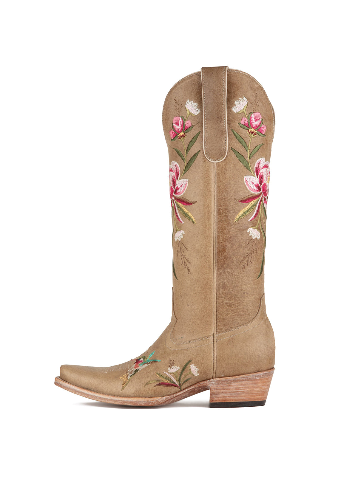 Taupe Snip-Toe Vivid Flowers And Bird Embroidery Wide Calf Knee High Cowgirl Boots