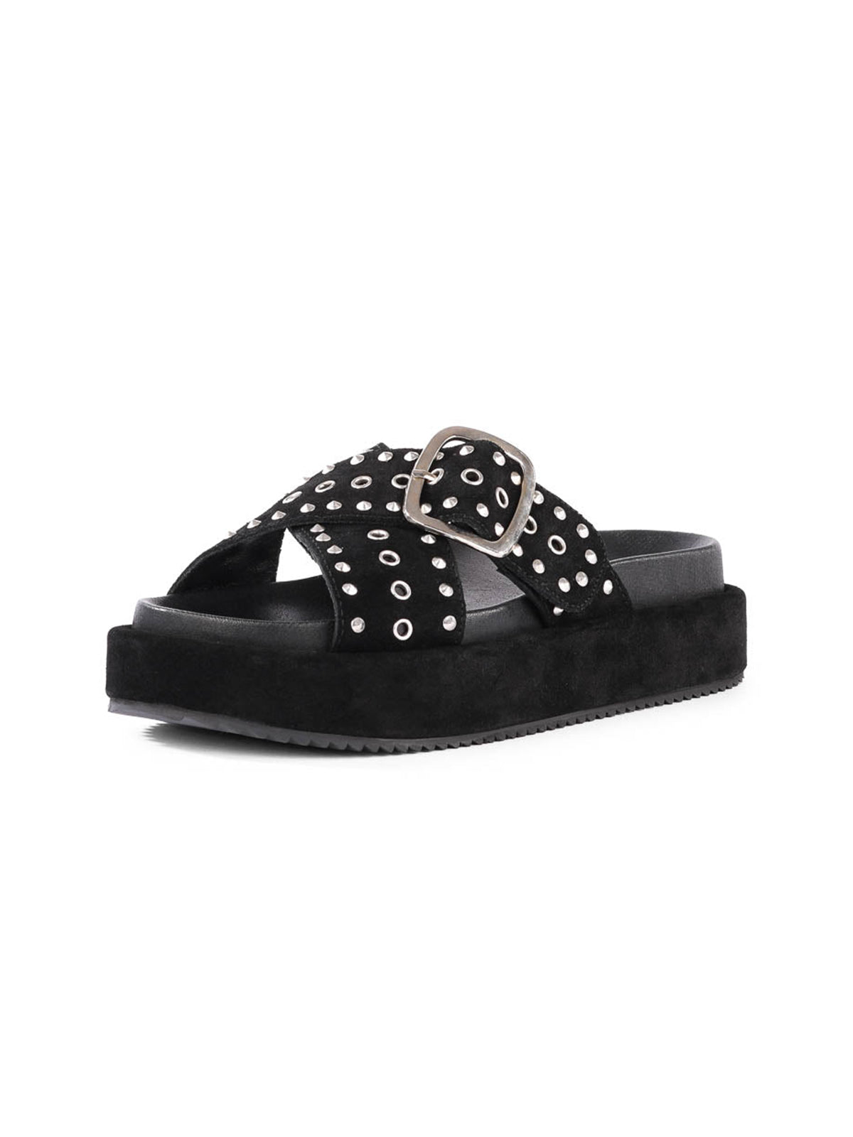 Black Faux Suede Round-Toe Crossed Straps With Eyelets And Rhinestones Sandals