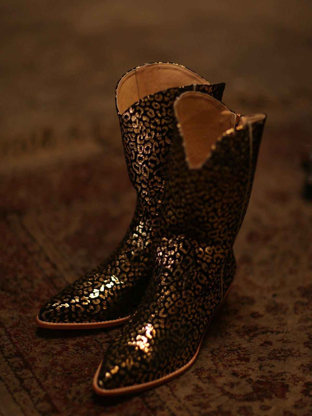 Metallic Gold And Black Faux Suede Round-Toe Back Full-Zip Simple Cowgirl Boots