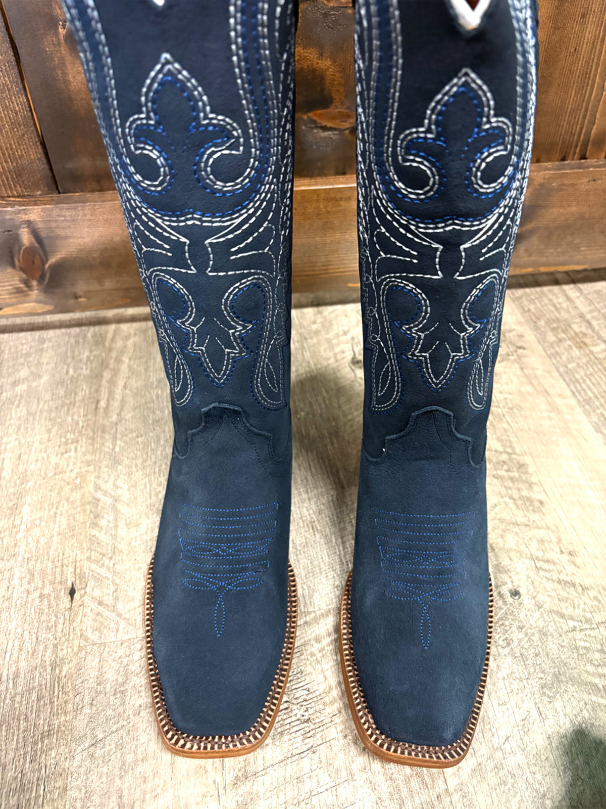 Navy Faux Suede Square-Toe Classic Embroidery Wide Calf Knee High Cowgirl Boots