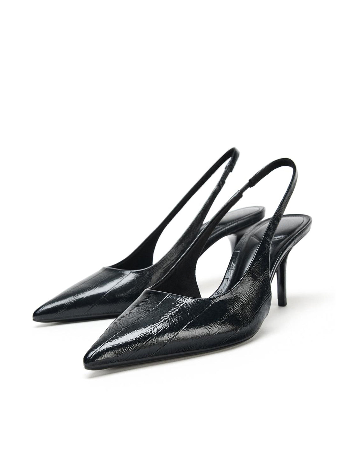 Black Eel Print Textured Slingback Kitten Heels