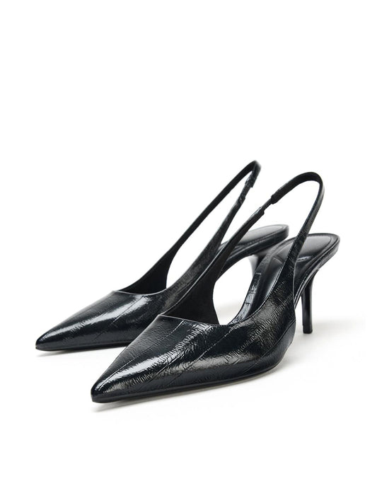Black Eel Print Textured Slingback Kitten Heels