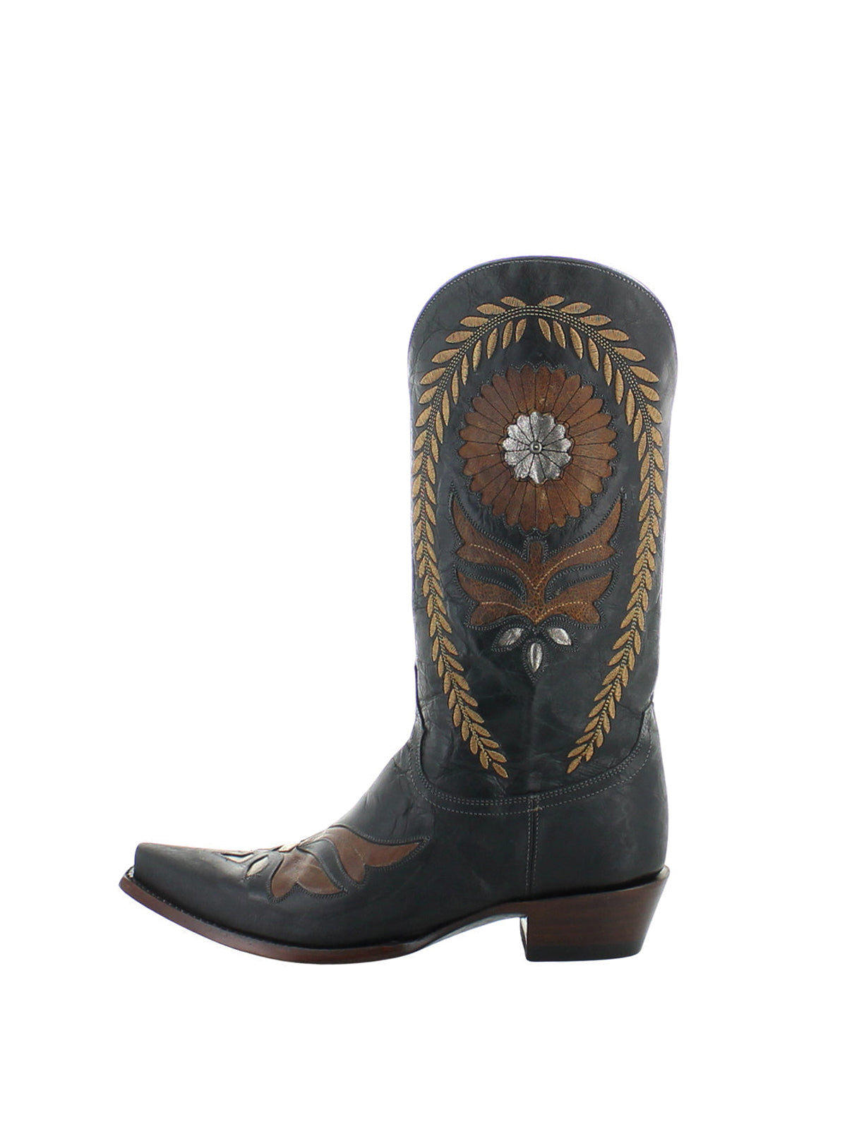 Black Snip-Toe Sunflower Inlay Rice Ears Embroidery Mid Calf Cowgirl Boots