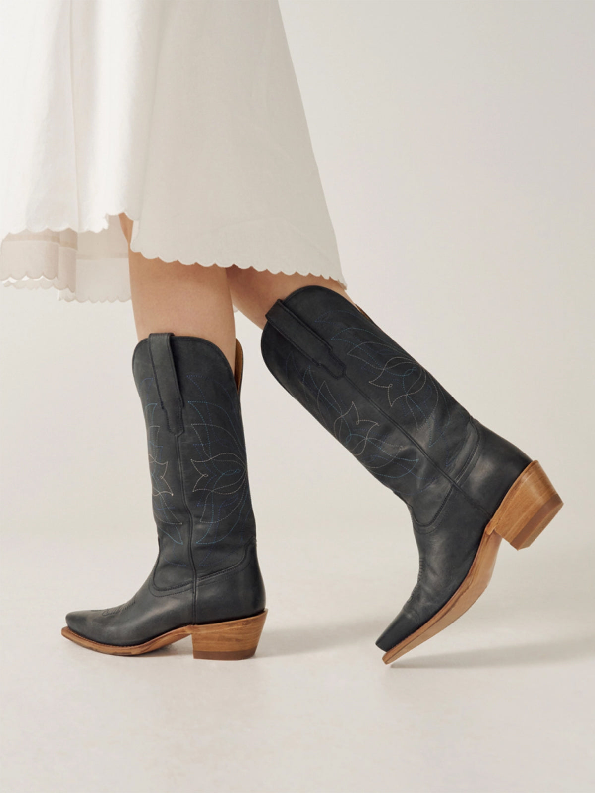 Navy Blue Snip-Toe Stitch Classic Wide Calf Knee High Cowgirl Boots