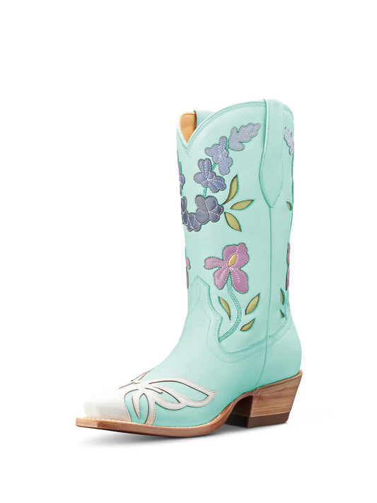 Light Cyan Snip-Toe Flower Applique Mid Calf Pull On Cowgirl Boots