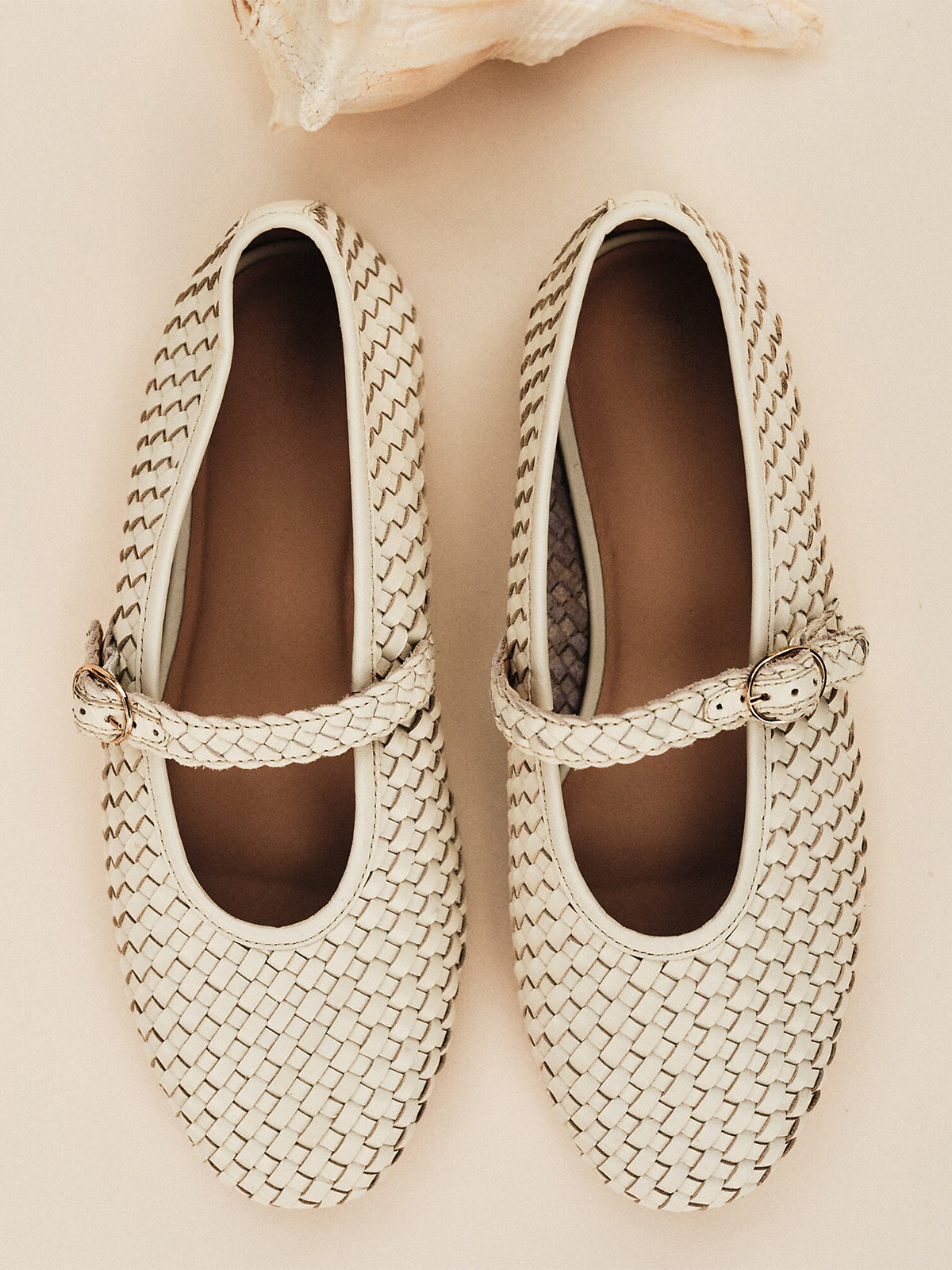 Ivory Woven Vegan Leather Round-Toe Mary Jane Ballet Flats