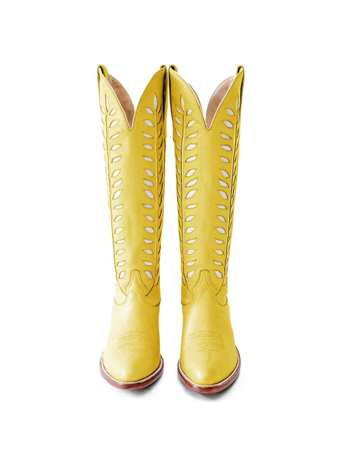 Almond-Toe White Leaves Inlay Wide Calf Tall Knee High Cowgirl Boots - Yellow