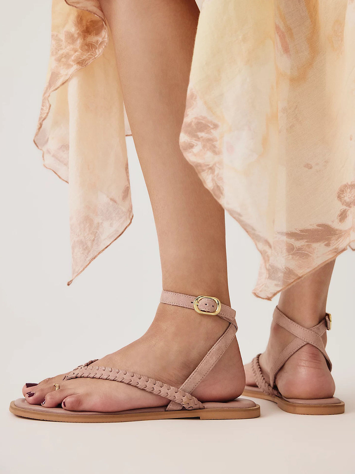 Pink Faux Suede Square-Toe Flip-Flop Back And Ankle Straps Sandals Flats