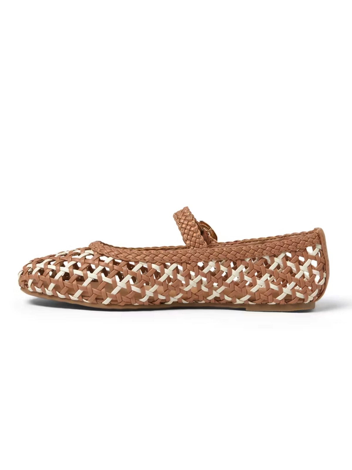 Cognac Woven Vegan Leather Square-Toe Buckle Mary Jane Classic Flats