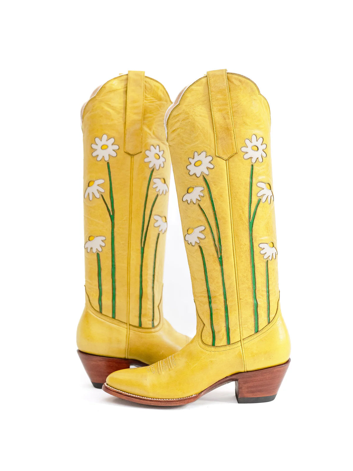 Yellow Almond-Toe Wide Calf Western Boots Knee High Tall Boots With Floral Inlay